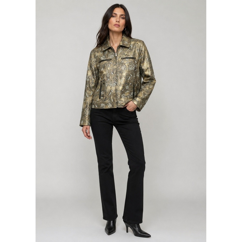 Chico's Baroque Metallic Moto Jacket Womens 0 Small Gold Floral Full Zip Pockets